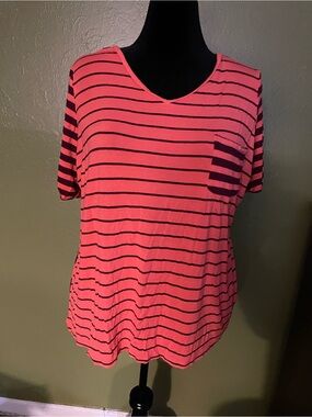 Maurices Coral and Black Striped V-Neck Pocket Tee